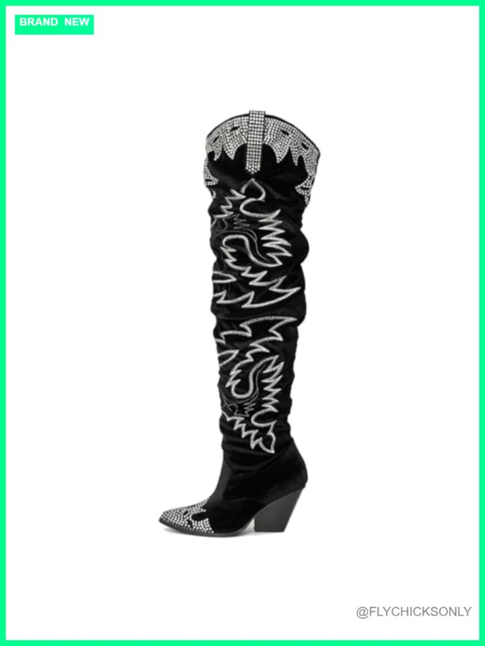 Rhinestone Embroidered Cowboy Boots Thigh High Slouchy Wide Calf Pull On Over
